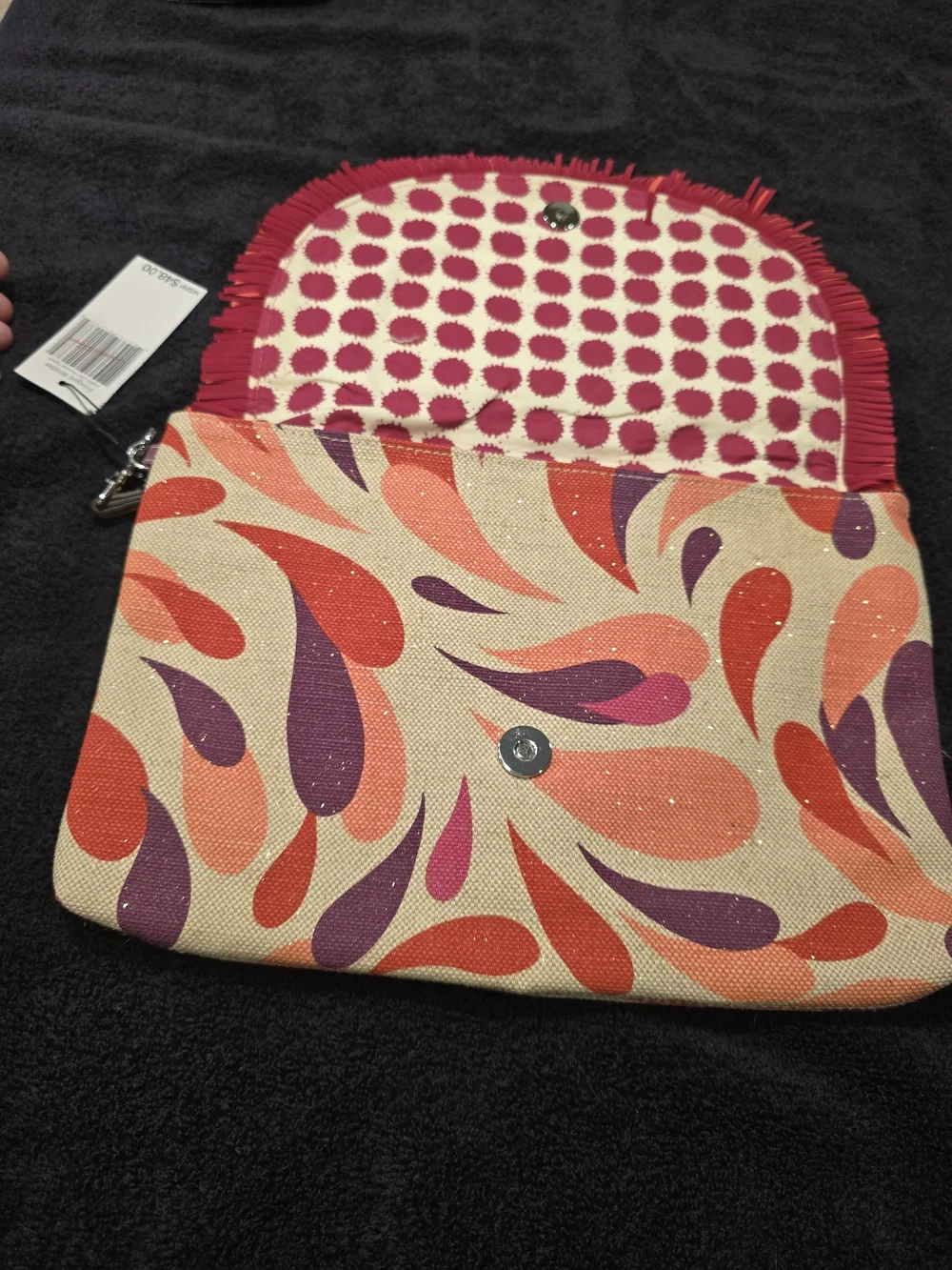 Vera Bradley Pink, Purple & Orange Patterned Fringe Clutch NWT